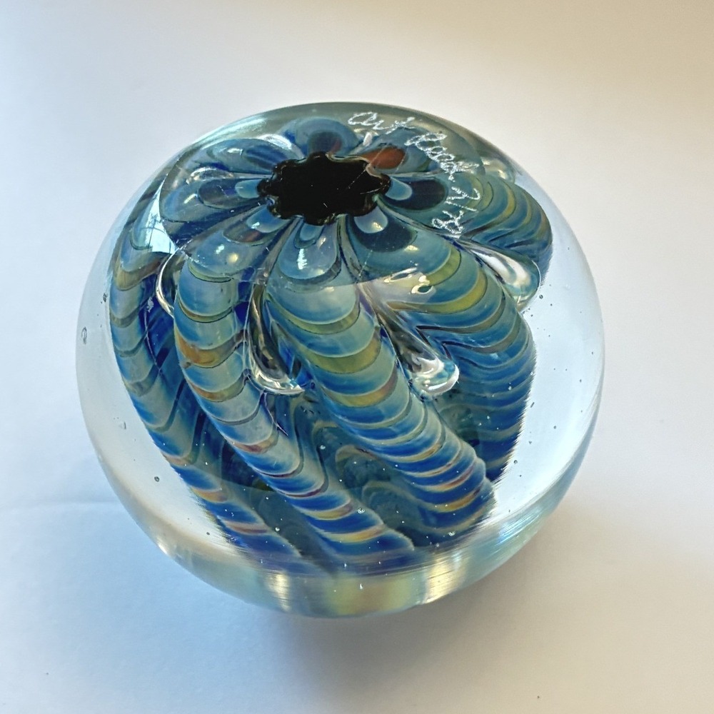 Art Reed Signed Studio Art Glass Paperweight Blue Yellow Swirl 1978 Vintage